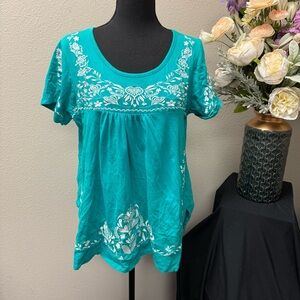 South Main Teal Embroidered Boho Cotton Tunic Top L Floral Peasant Blouse